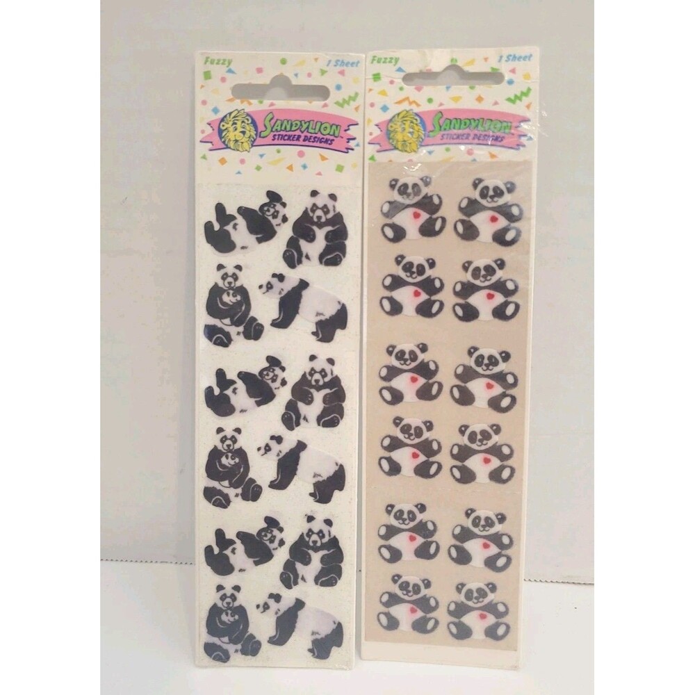 NOS 1990 Sandylion FUZZY Panda Bear Sticker Sheets Set of 2 RARE
